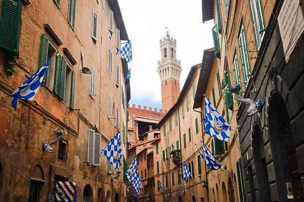Heraldic contrada banners strung across a street in Siena